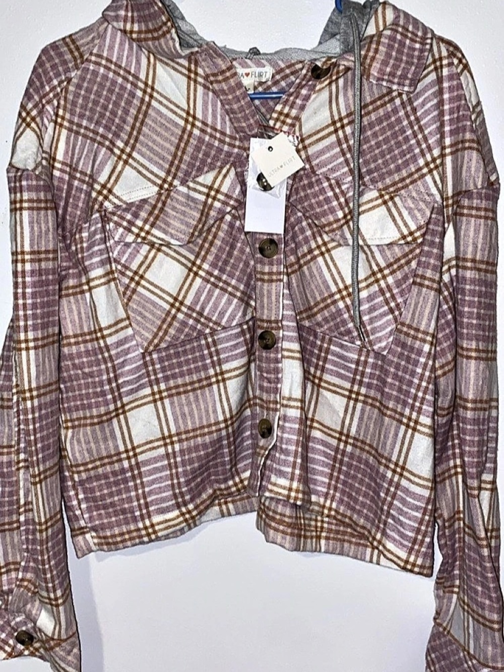 Ultra Flirt Plaid Hoodie Shacket Button Down Shirt